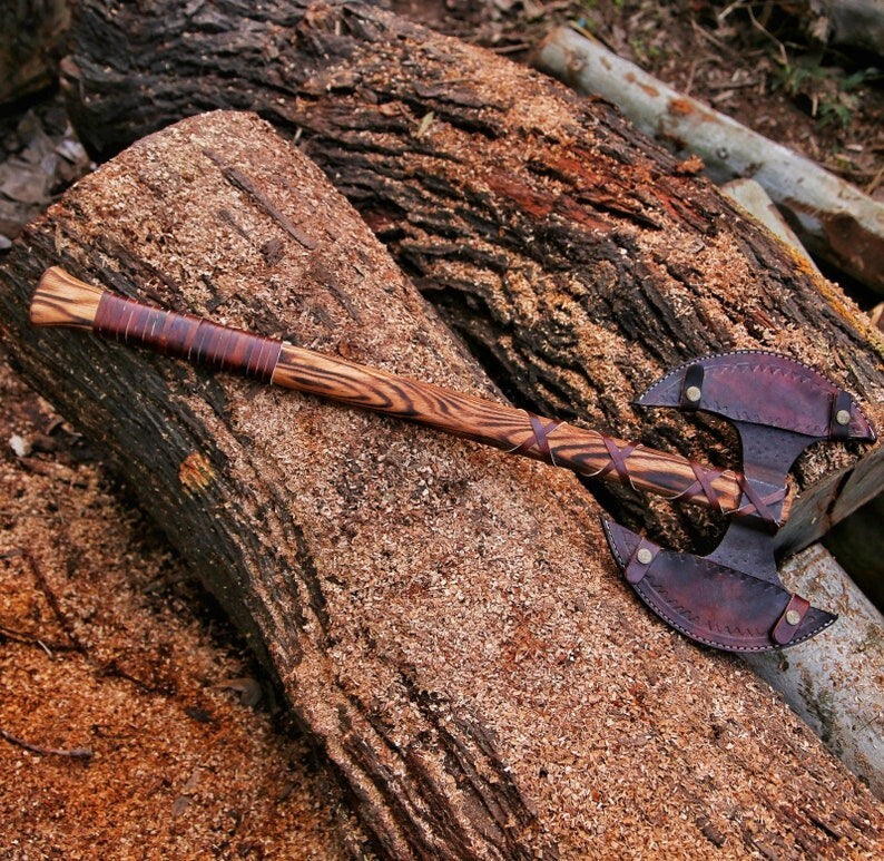 Hand Forrged Carbon Steel Doubled Headed Axe, Viking Axe With Leather Sheath