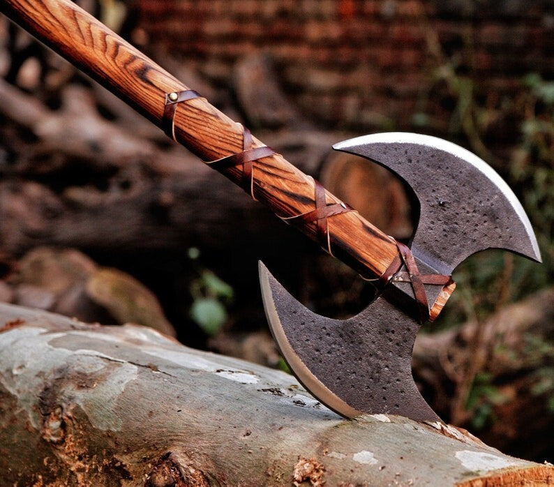 Hand Forrged Carbon Steel Doubled Headed Axe, Viking Axe With Leather Sheath