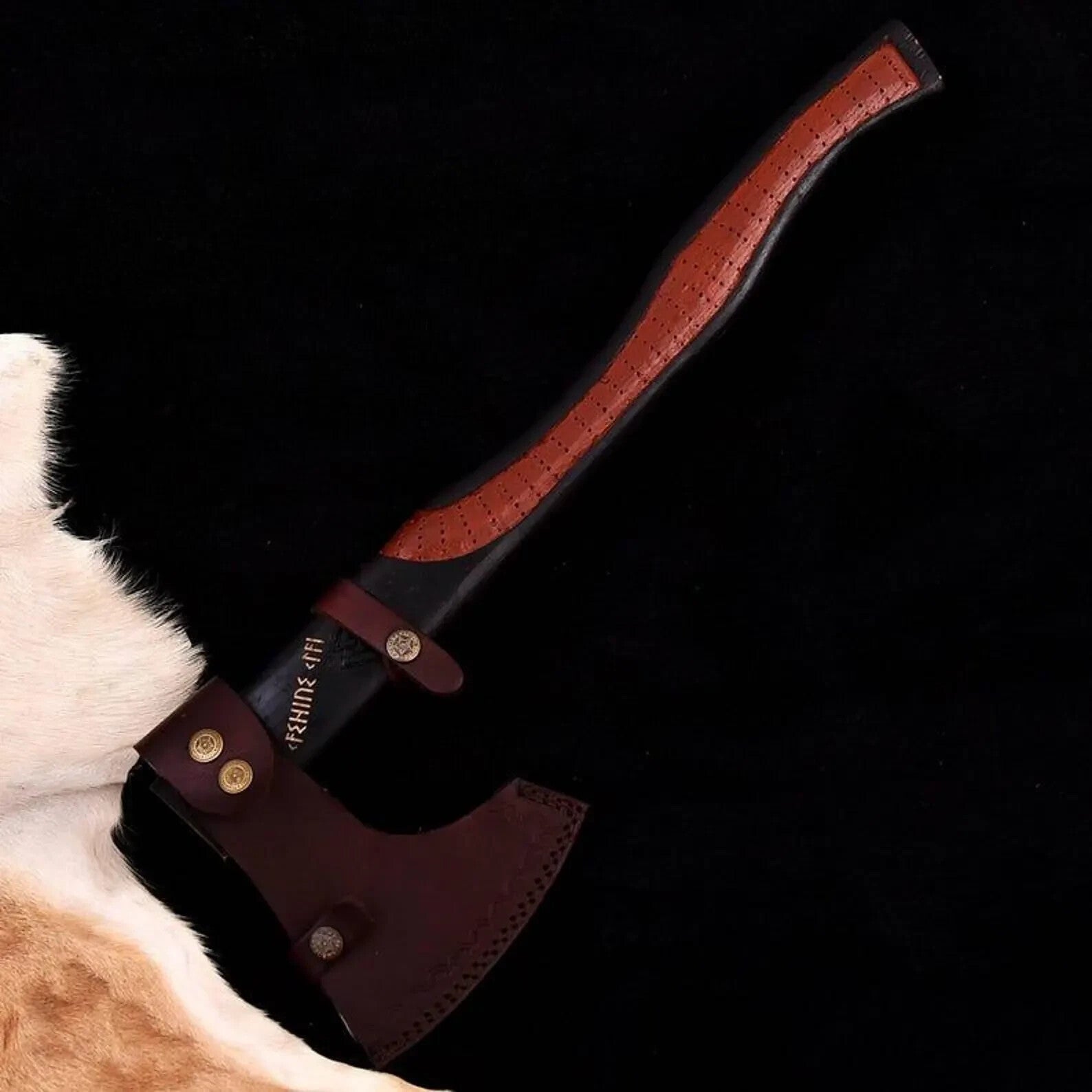 Hand-Forged Viking Axe, Norse Bearded Axe, Engraved Carbon Steel Blade, Wooden