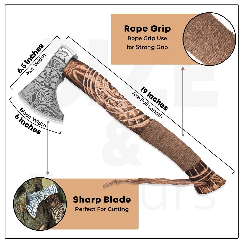 Hand-Forged Viking Throwing Axe Rare Carbon Steel Blade with Carved Ashwood