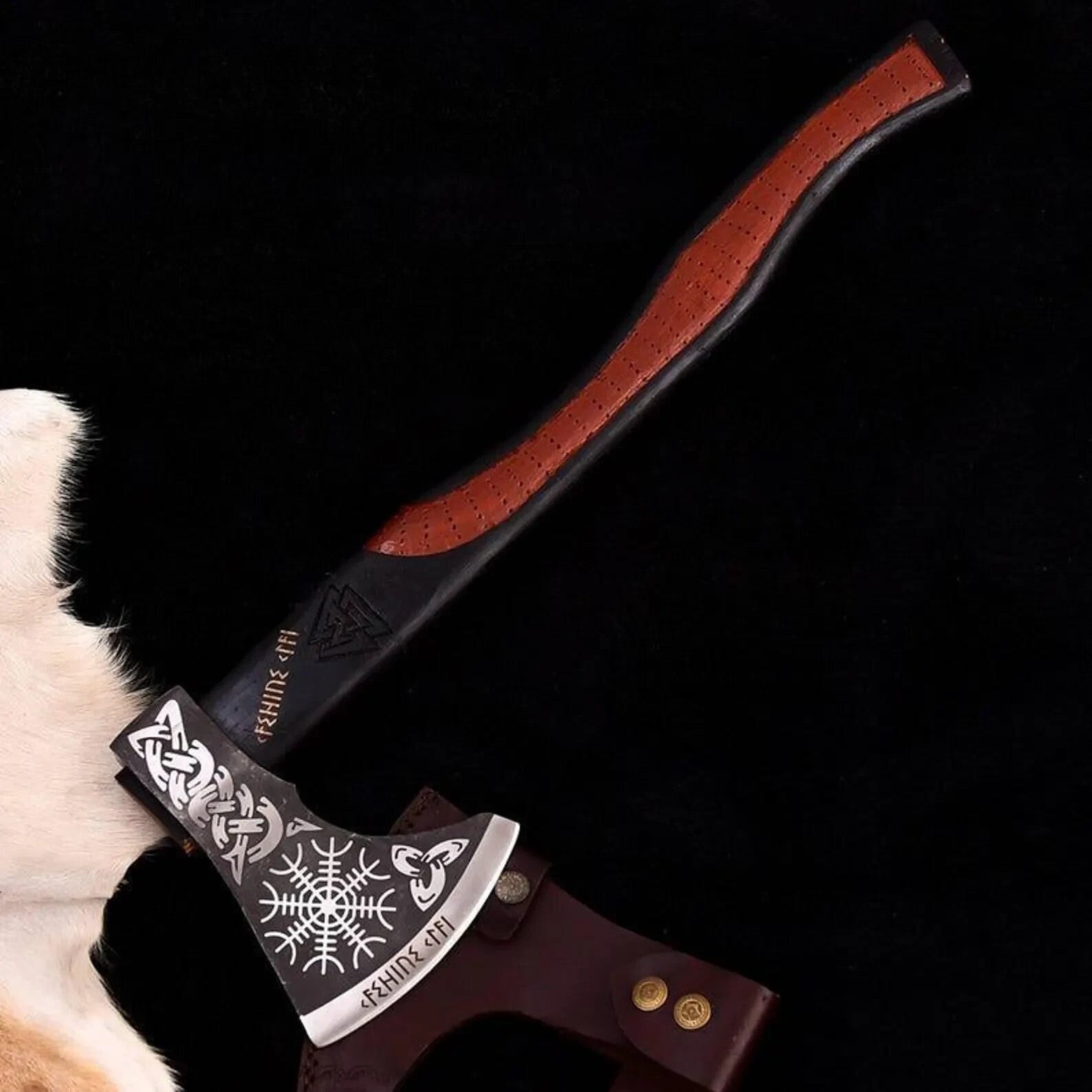 Hand-Forged Viking Axe, Norse Bearded Axe, Engraved Carbon Steel Blade, Wooden