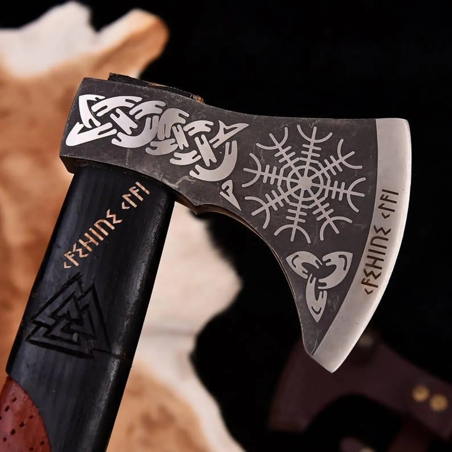 Hand-Forged Viking Axe, Norse Bearded Axe, Engraved Carbon Steel Blade, Wooden