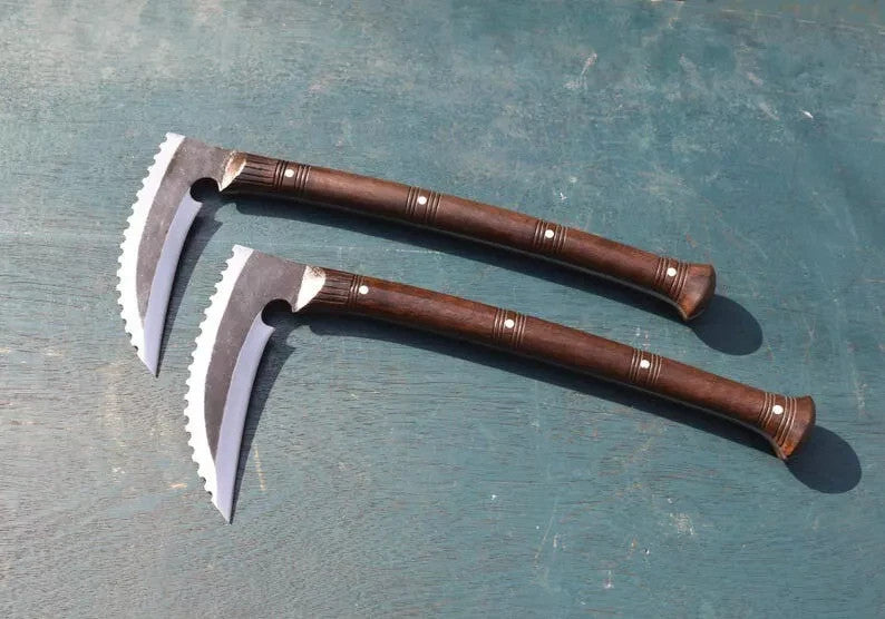 Custom Handmade Carbon Steel Blade Pair Of Kama Axes - Hunting Axe Camping