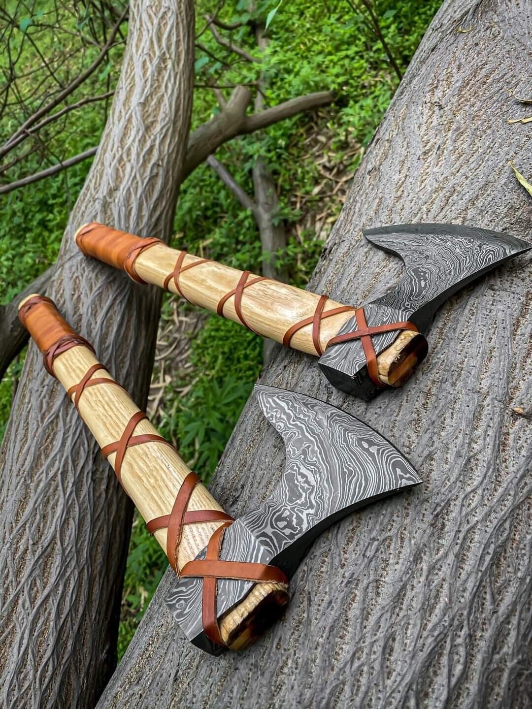 2PCS CUSTOM HANDMADE DAMASCUS STEEL VIKING HATCHET TOMAHAWK HUNTING TACTICAL AXE