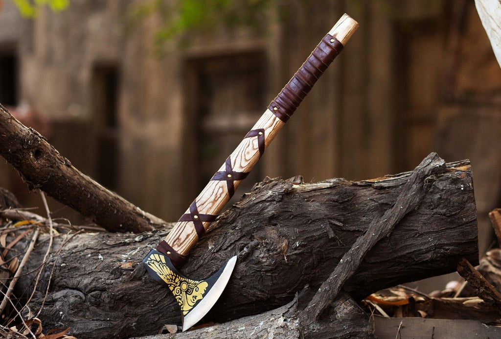 Custom Handmade Viking Axe – High Carbon Steel Blade, Ash Wood Handle&Engraving
