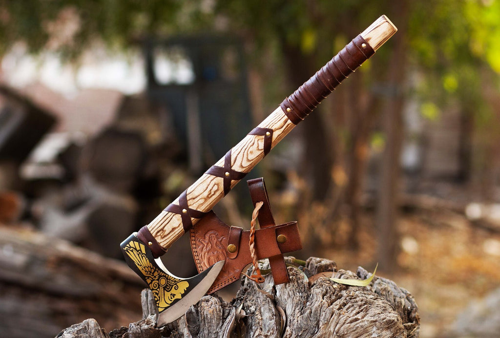 Custom Handmade Viking Axe – High Carbon Steel Blade, Ash Wood Handle&Engraving