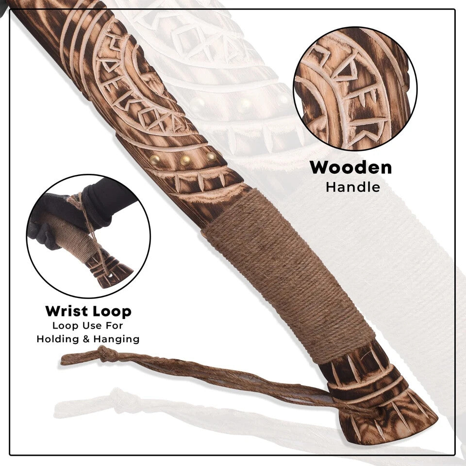 Hand-Forged Viking Throwing Axe Rare Carbon Steel Blade with Carved Ashwood