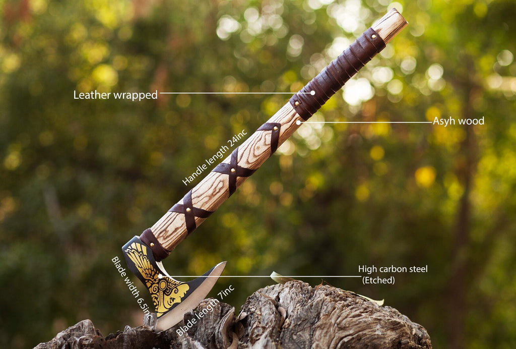 Custom Handmade Viking Axe – High Carbon Steel Blade, Ash Wood Handle&Engraving