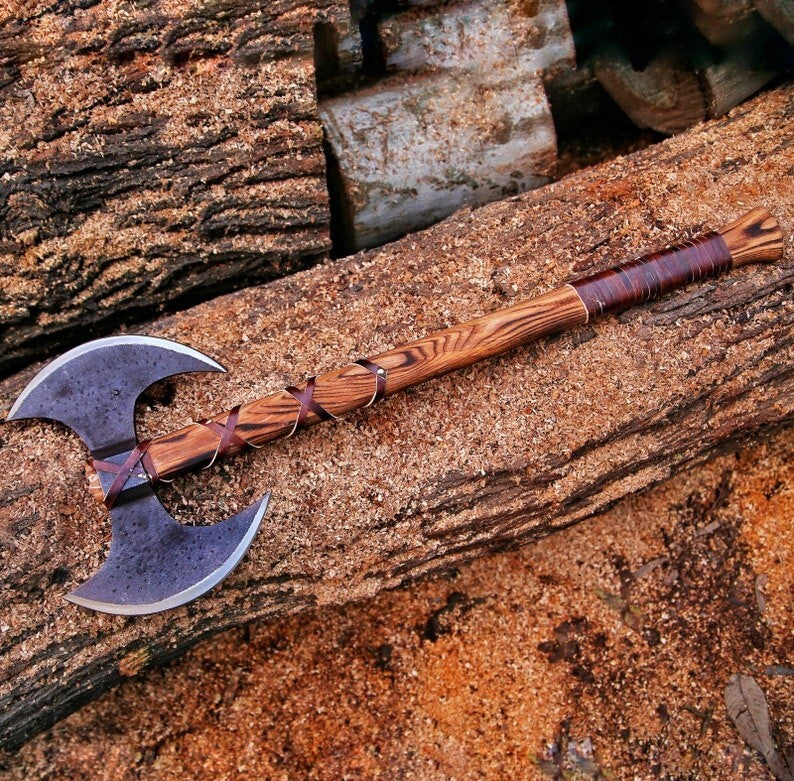 Hand Forrged Carbon Steel Doubled Headed Axe, Viking Axe With Leather Sheath
