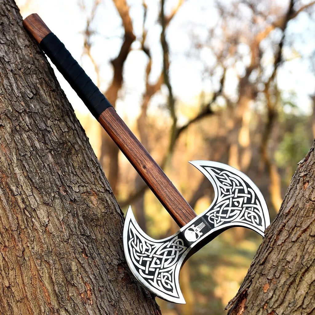 Double Bit Axe Handmade Carbon Steel Double Headed Axe With Leather Sheath, Viking Gift Axe ME-9