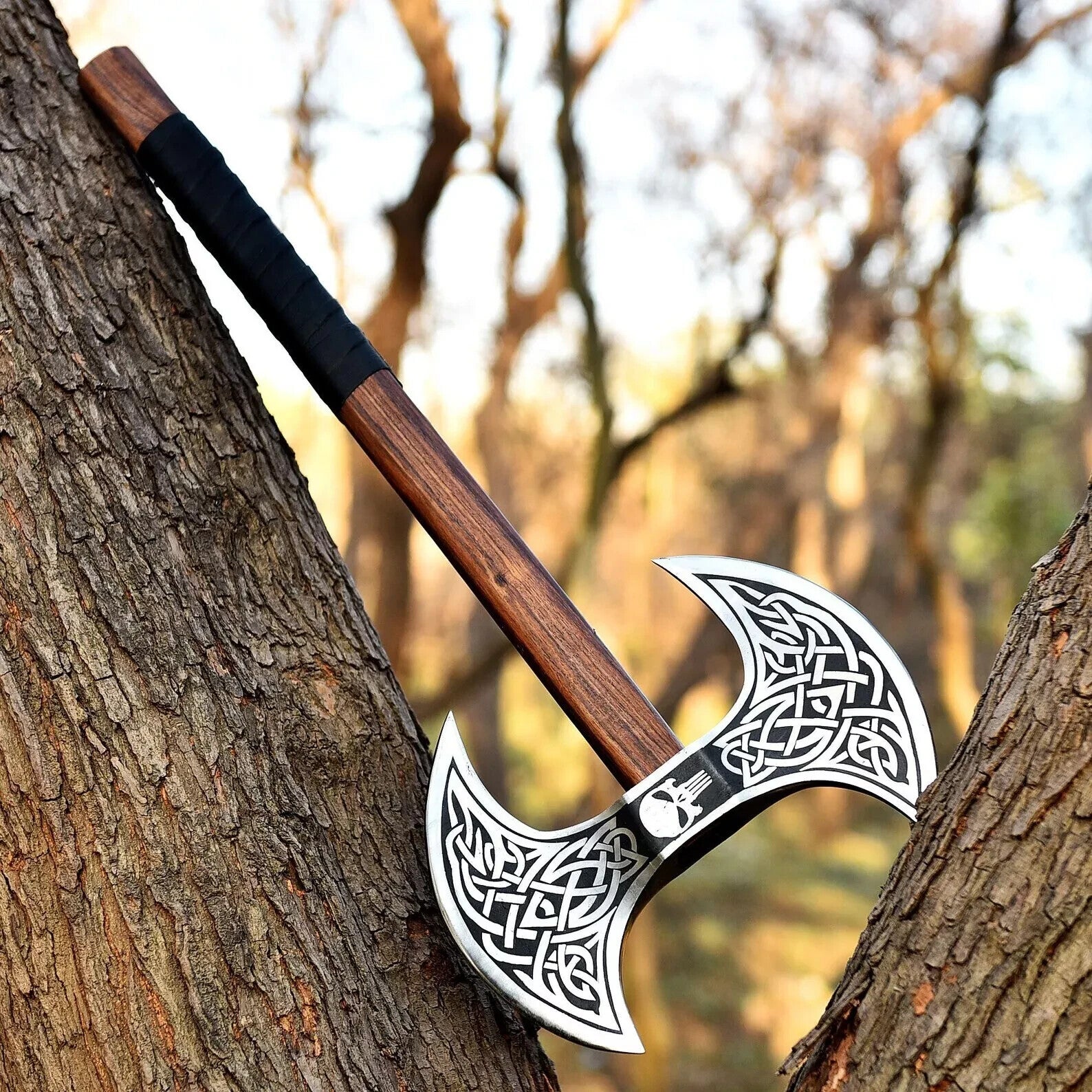 Double Bit Axe Handmade Carbon Steel Double Headed Axe With Leather Sheath, Viking Gift Axe ME-9