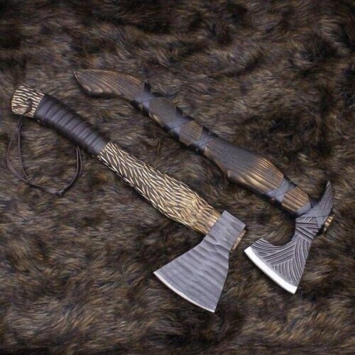 2 CUSTOM HAND MADE CARBON STEEL HUNTING VIKING TOMAHAWK HATCHETS AXE BEST GIFT