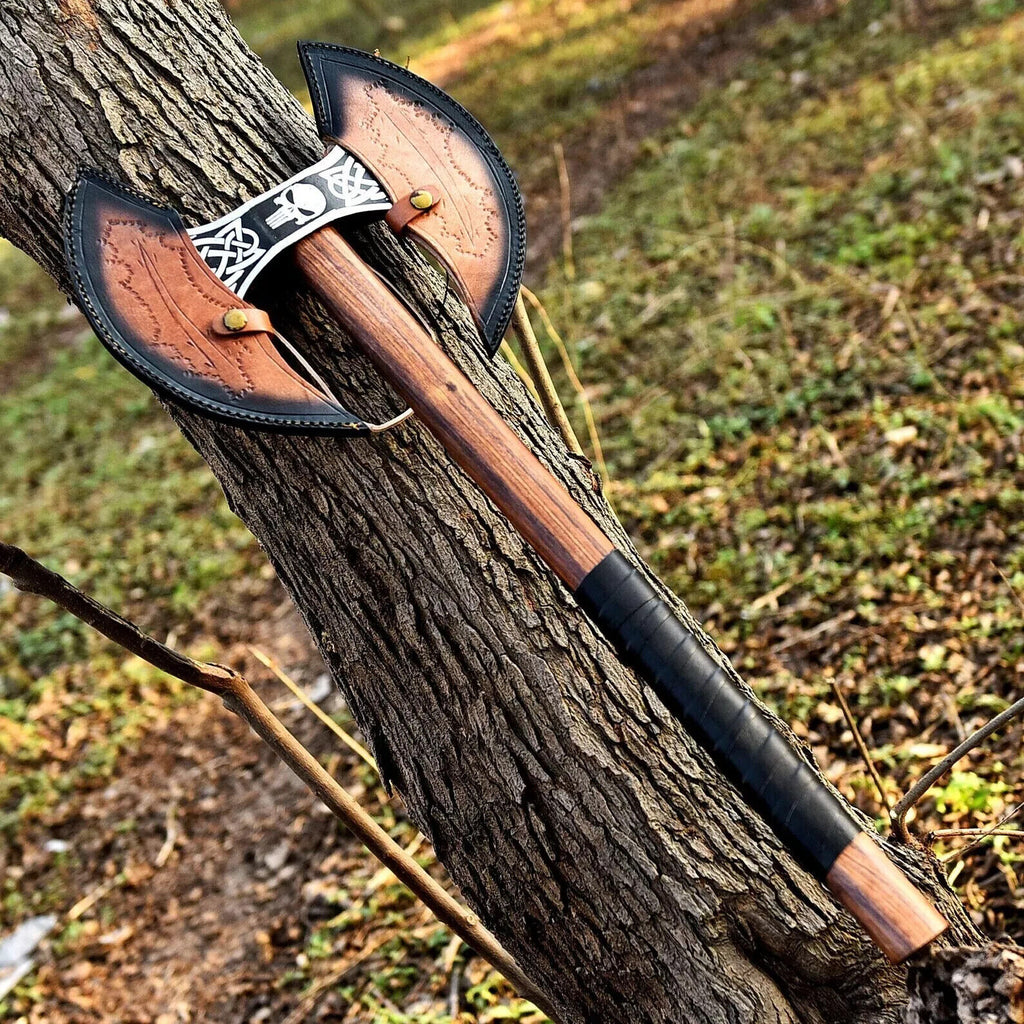 Double Bit Axe Handmade Carbon Steel Double Headed Axe With Leather Sheath, Viking Gift Axe ME-9