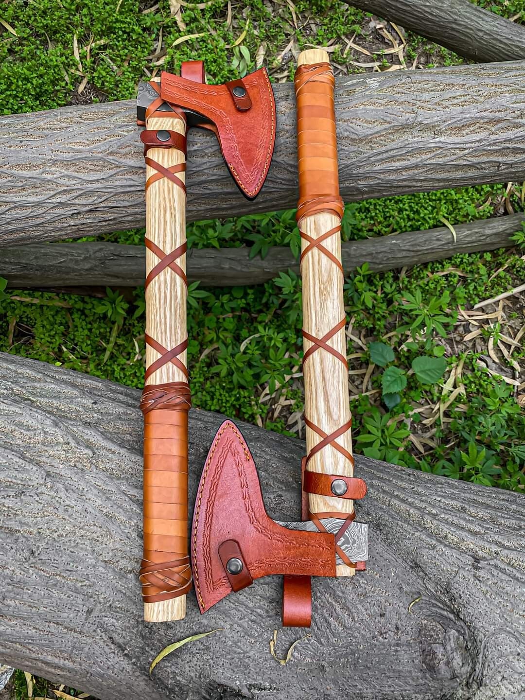 2PCS CUSTOM HANDMADE DAMASCUS STEEL VIKING HATCHET TOMAHAWK HUNTING TACTICAL AXE