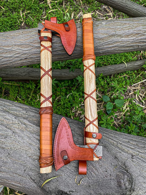 2PCS CUSTOM HANDMADE DAMASCUS STEEL VIKING HATCHET TOMAHAWK HUNTING TACTICAL AXE