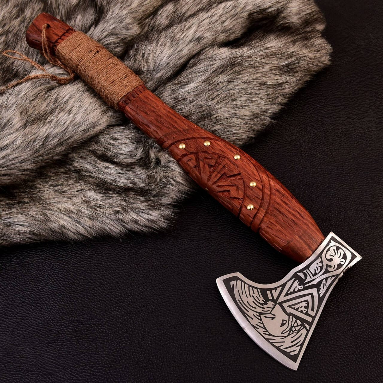 Custom Engraved Viking Axe - Forged Bearded Axe with Engraved Handle, High Carbon Steel Axe