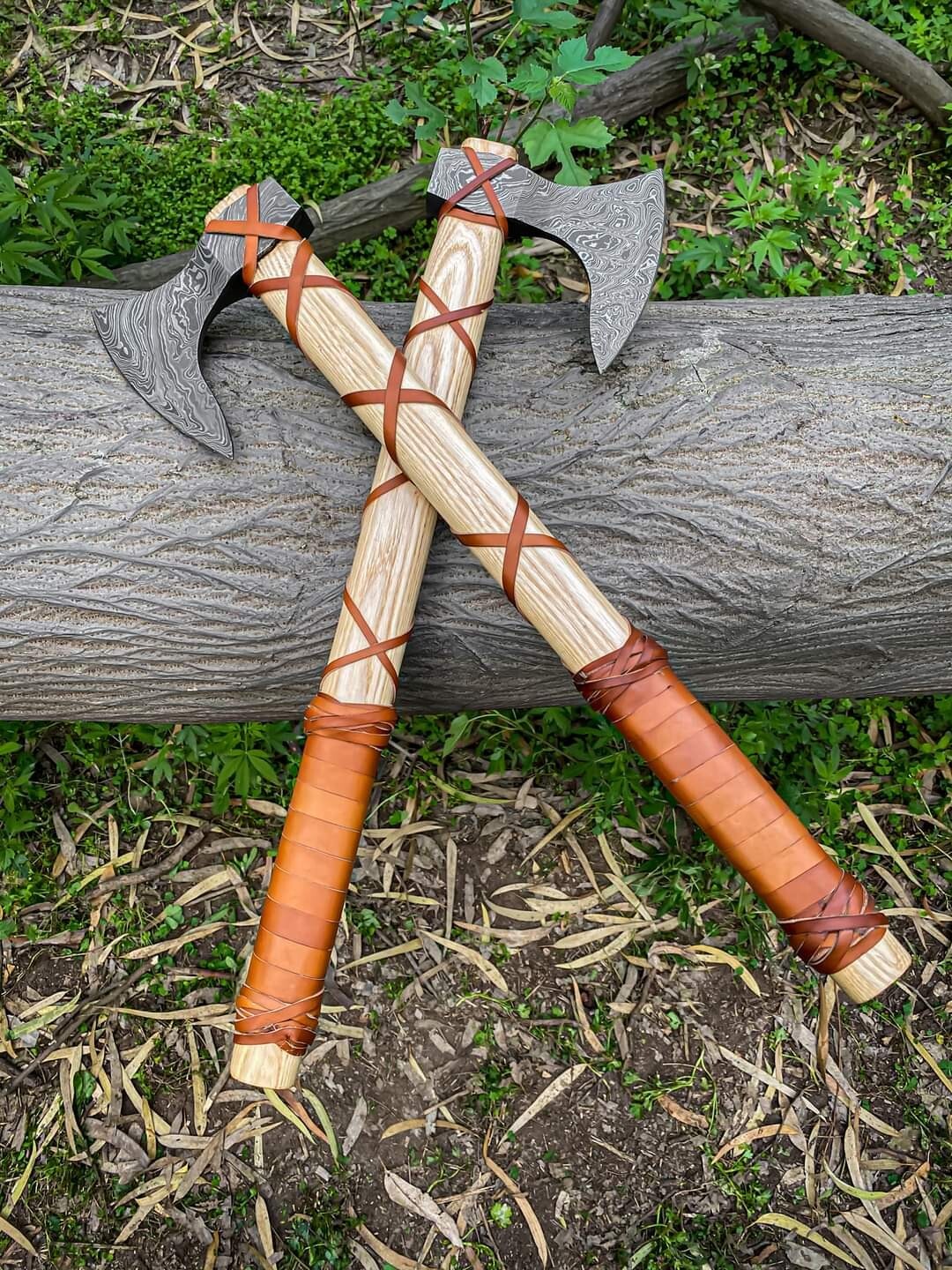 2PCS CUSTOM HANDMADE DAMASCUS STEEL VIKING HATCHET TOMAHAWK HUNTING TACTICAL AXE