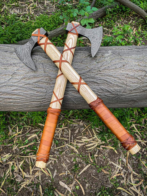 2PCS CUSTOM HANDMADE DAMASCUS STEEL VIKING HATCHET TOMAHAWK HUNTING TACTICAL AXE