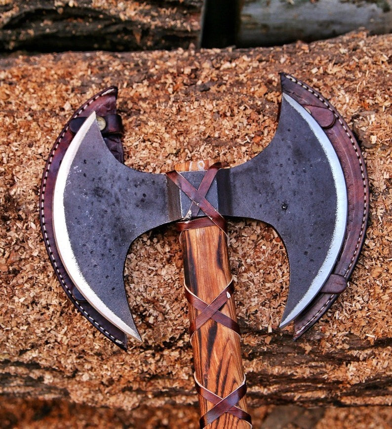 Hand Forrged Carbon Steel Doubled Headed Axe, Viking Axe With Leather Sheath