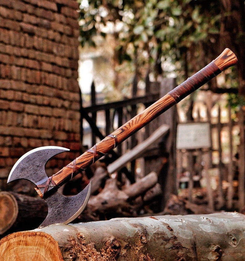Hand Forrged Carbon Steel Doubled Headed Axe, Viking Axe With Leather Sheath